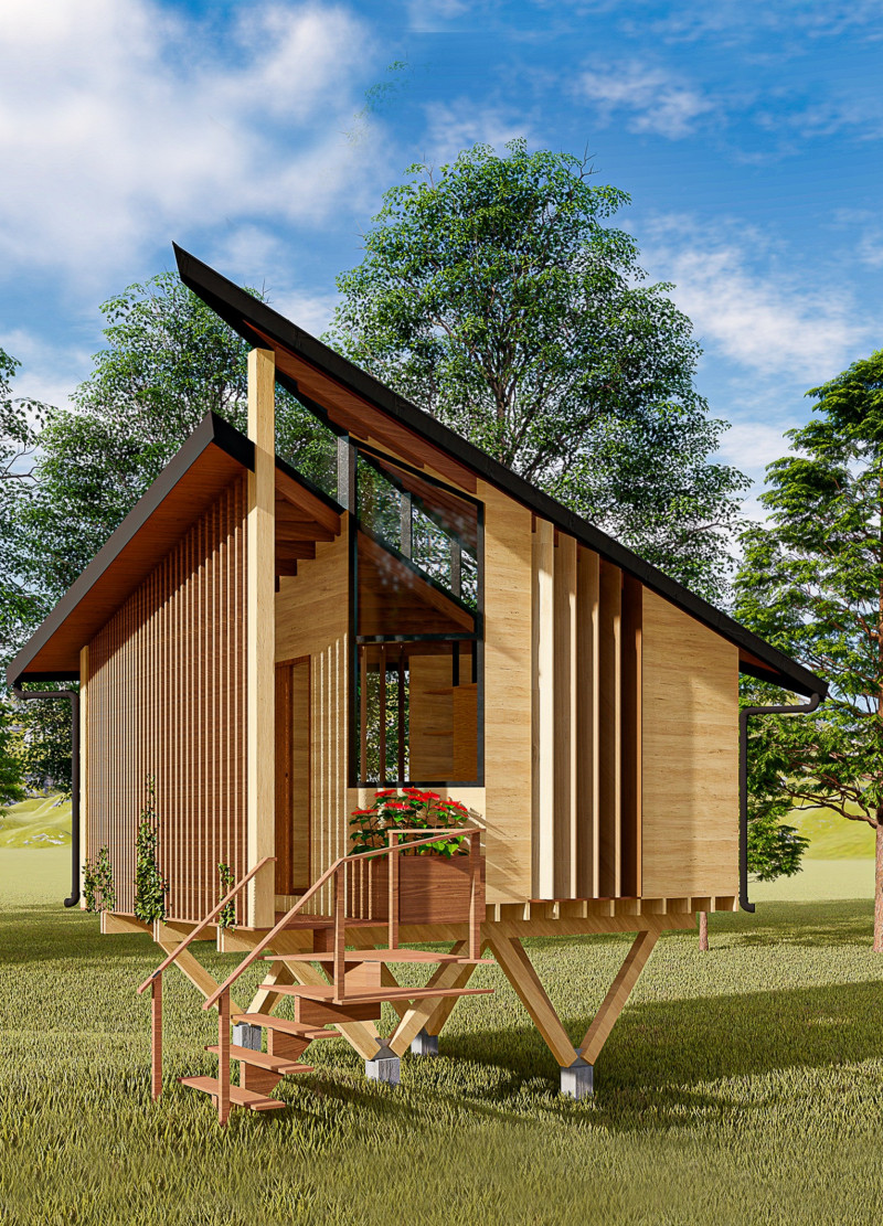 Rotating Panels and Biomorphic Foundations in a Sustainable Cabin Retreat