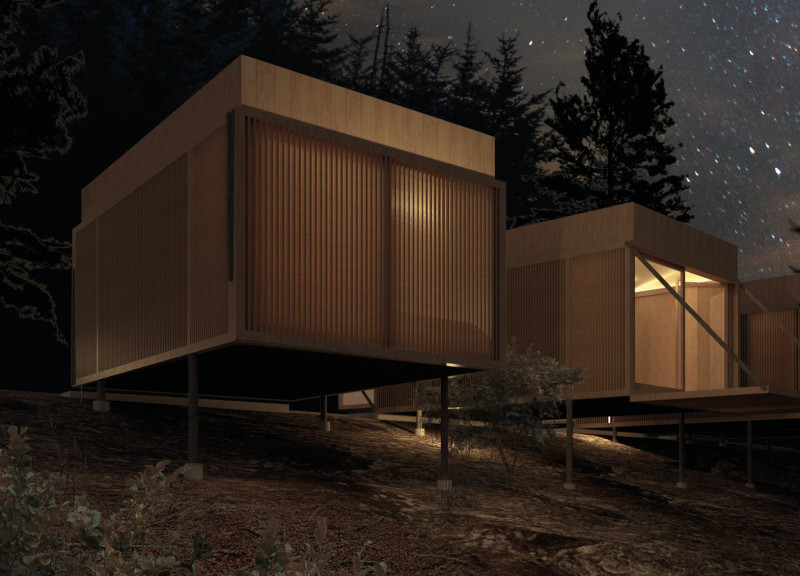 Filtering Canopy with Wooden Panels for Immersive Meditation Retreat