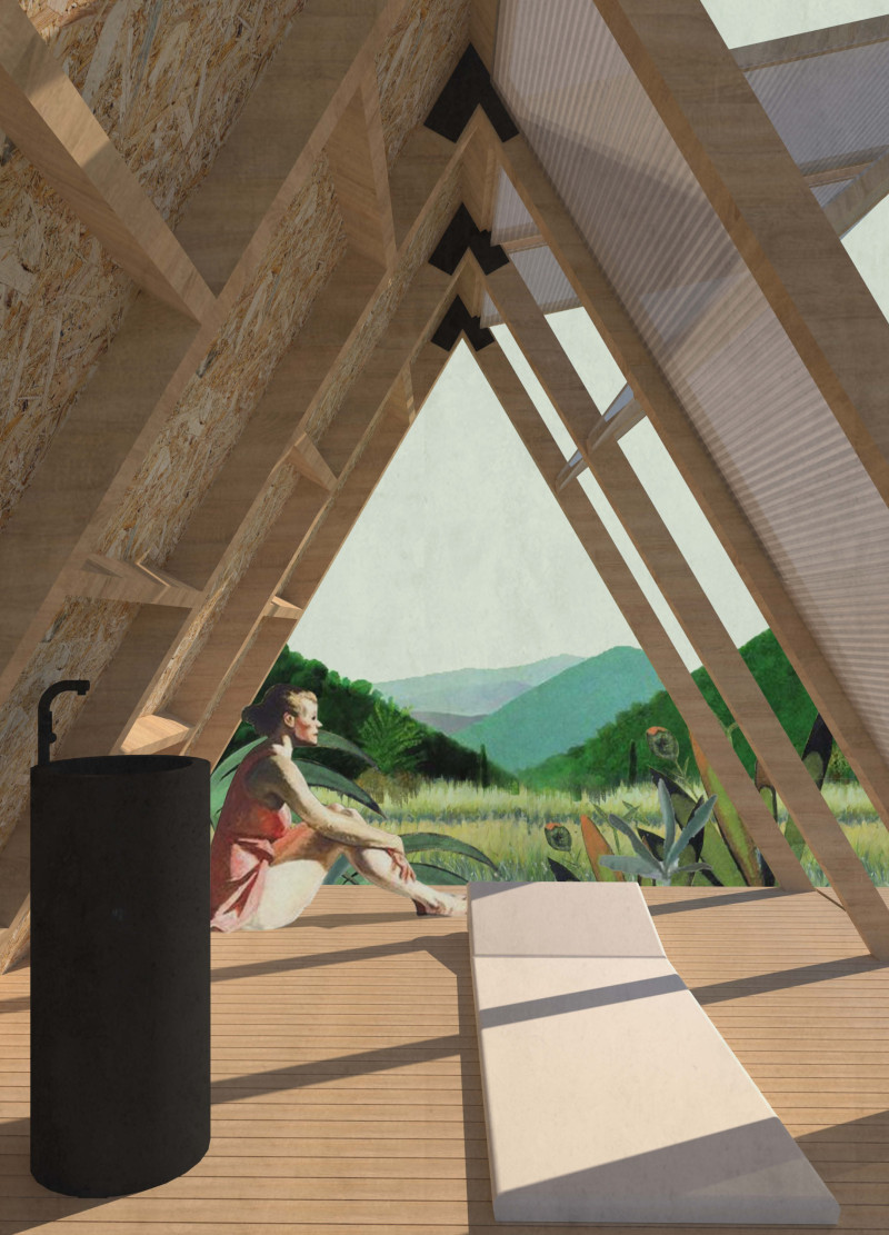 Rainwater-Focused Retreat Featuring Triangular Wooden Structure and Polycarbonate Panels