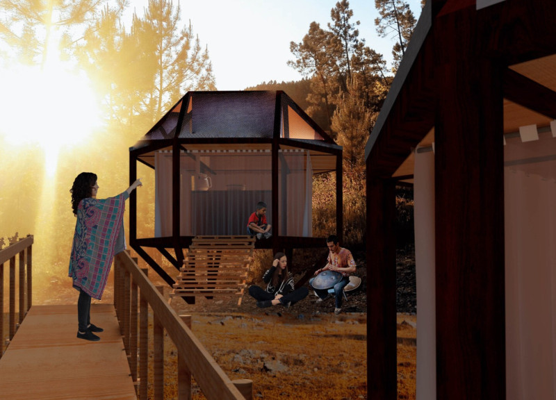 Plywood Cabins with Skylights Embracing Natural Tranquility