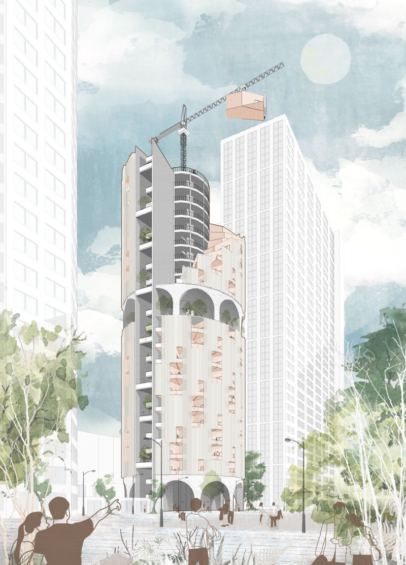 Trapezoidal Timber Modules with Vertical Courtyards for Community Living