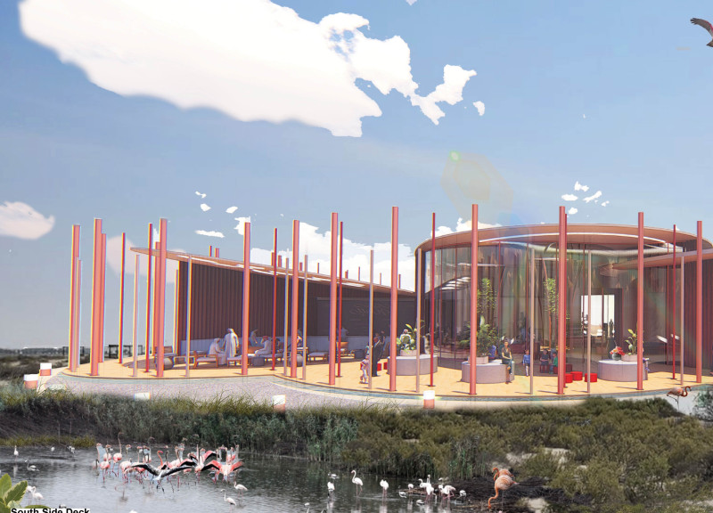 Terracotta Shell Embracing Wetlands for Enhanced Visitor Interaction