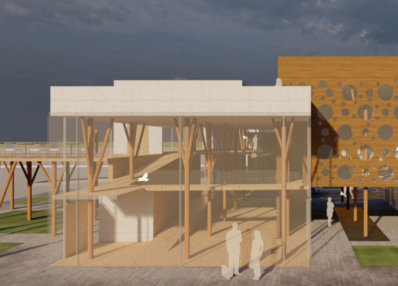 Reflective Lenses and Natural Woods in a Tranquil Visitor Center