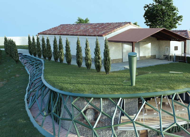 Roof Garden and Sustainable Gabion Wall in a Vineyard Tasting Room