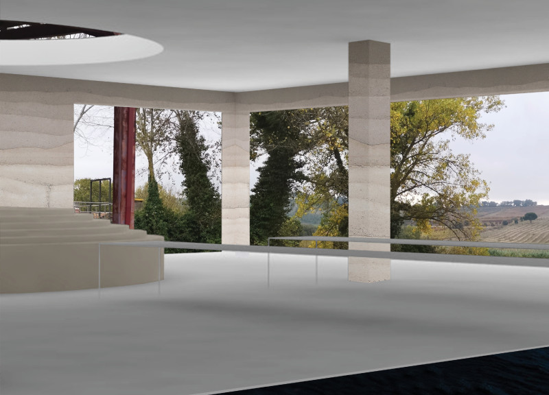 Rammed Earth Structure Featuring a Reflective Pool for Wine Tasting