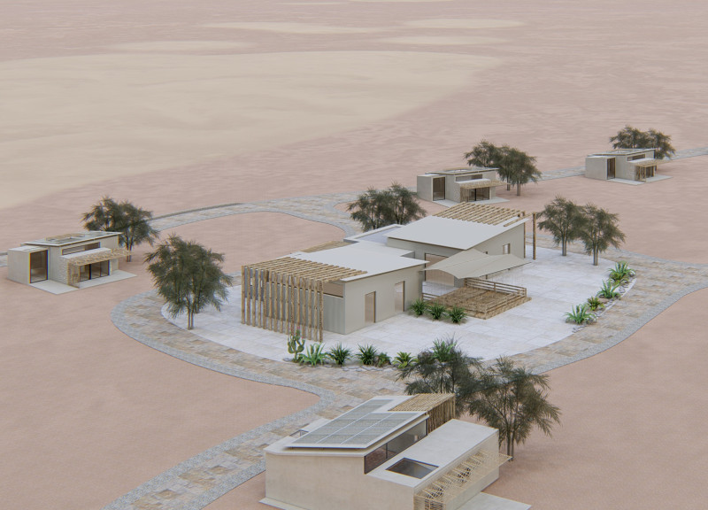 Charming Retreat Crafted with Pre-Cast Concrete and Sustainable Wood Elements in a Desert Oasis