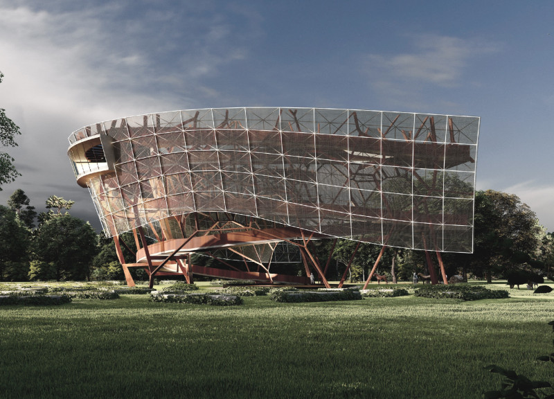 Corten Steel Canopy Tower with Aluminium Framing Overlooking Natural Landscape