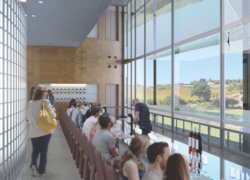 Playful Interplay of Brick Glass and Oak Boarding in Winery Tasting Spaces