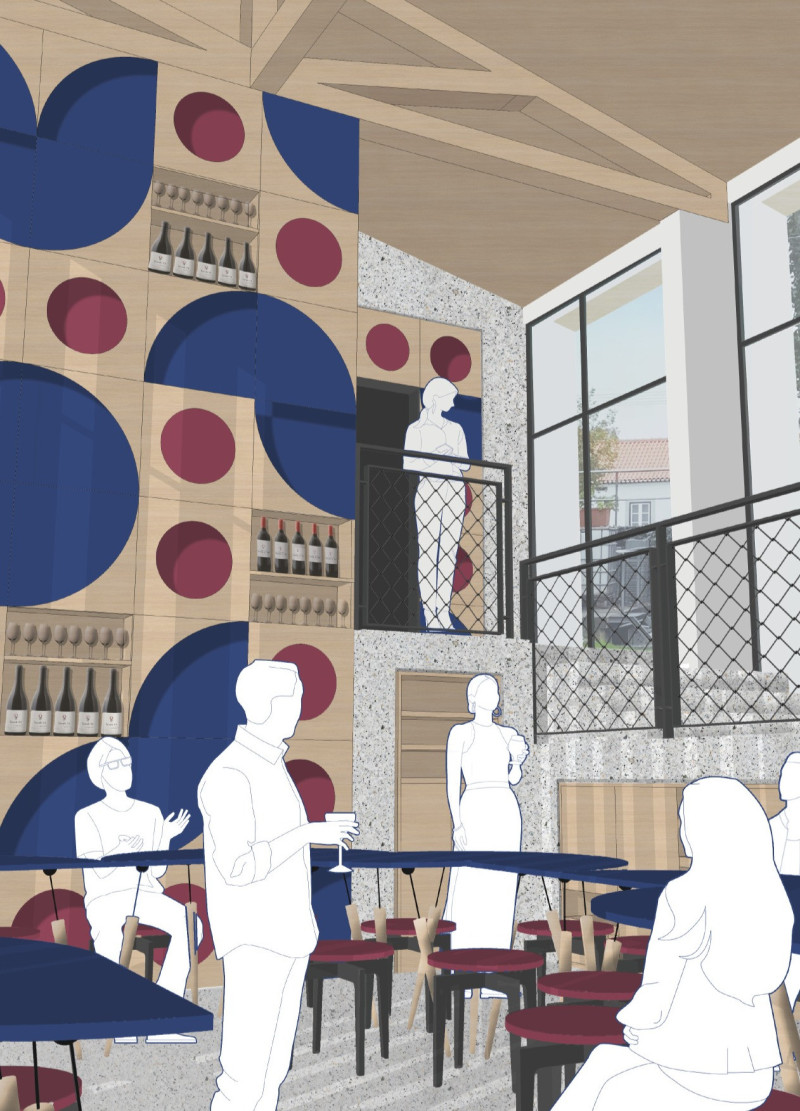 Flat-Pack Seating and White Plaster Facade in a Vineyard Tasting Room