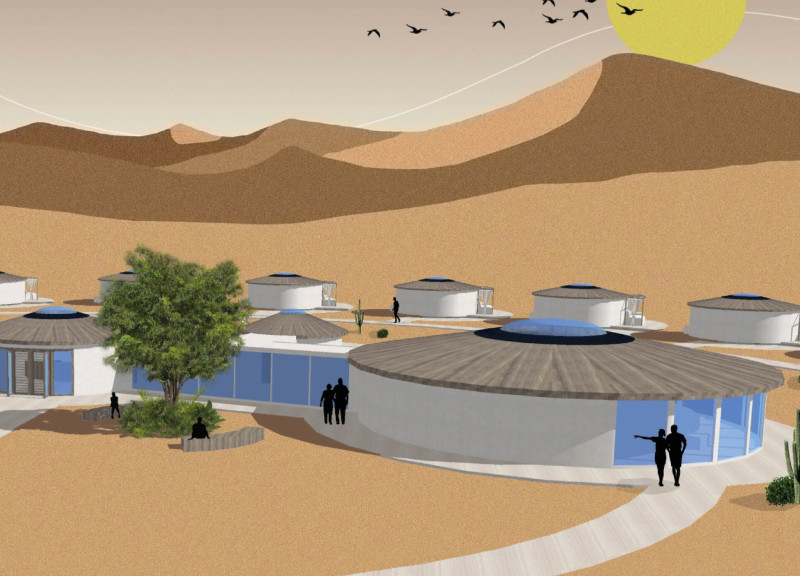 Reflective Glass Roundhouses with Atmospheric Water Generation in a Desert Setting