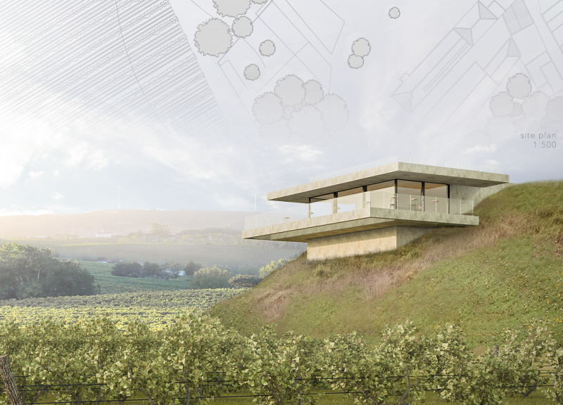 Revolving Table Surrounded by Concrete and Warm Wood in a Vineyard Setting