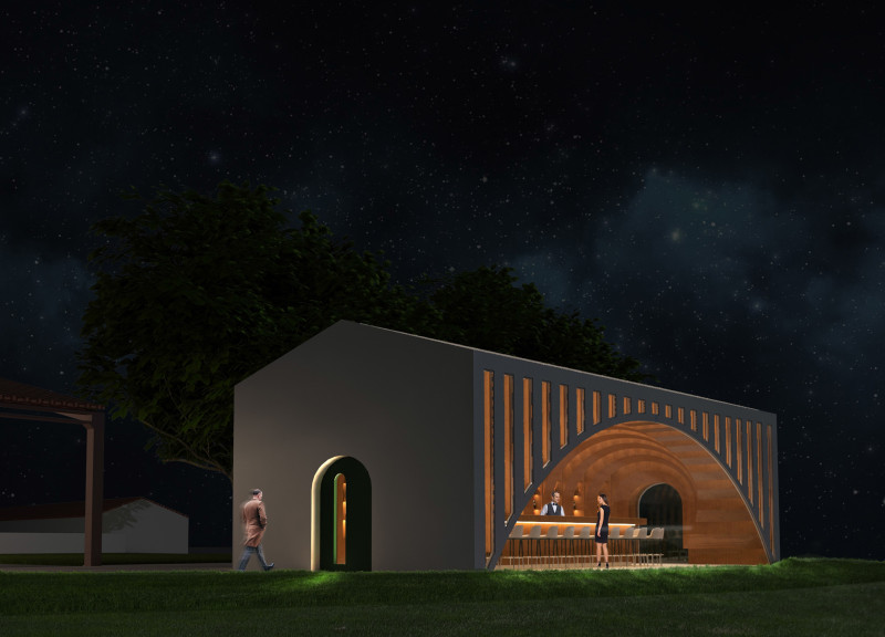 Grape-Inspired Design Featuring Oak and White Façade for Intimate Wine Tasting