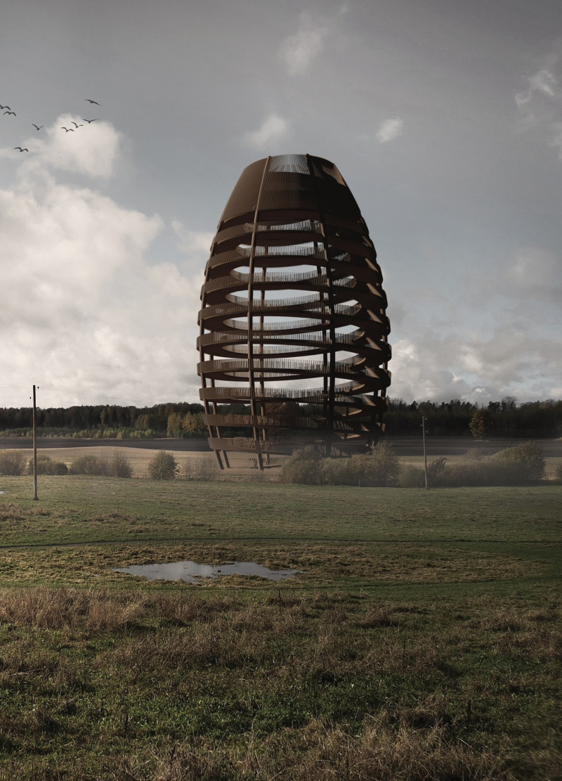 Corten Steel Structure Featuring a Spiral Ramp in a Natural Landscape