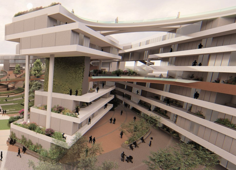 Central Garden Integration with Elevated Walkways in Urban Housing