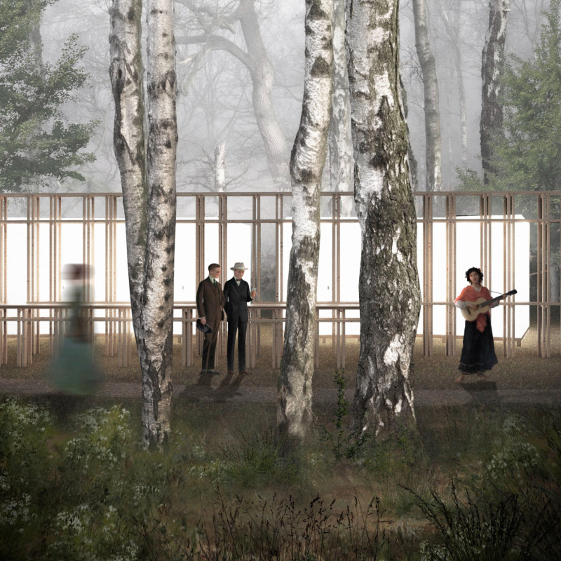 Campfire Gatherings Among Impregnated Wood in a Biophilic Food Court