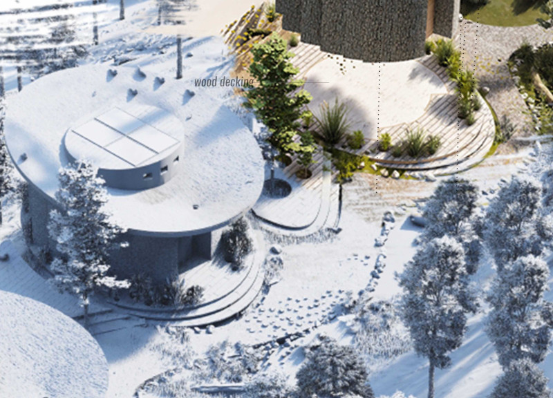 Cork Wood Cabin Emphasizing Rainwater Harvesting and Full-View Integration