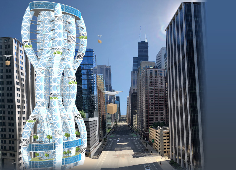 Sinusoidal Towers with Exoskeleton Structure Enhancing Urban Connectivity