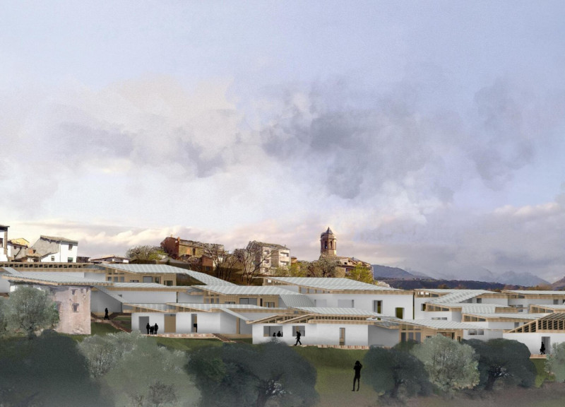 Natural Wood and Brick Walkway Connecting Cultural Exchange Spaces