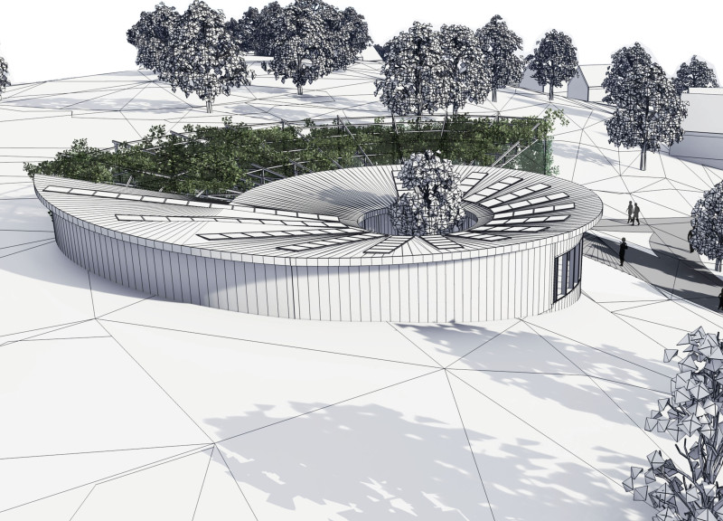 Curved Structure with Solar-Powered Glass and Sustainable Wood Integration in a Community Hub