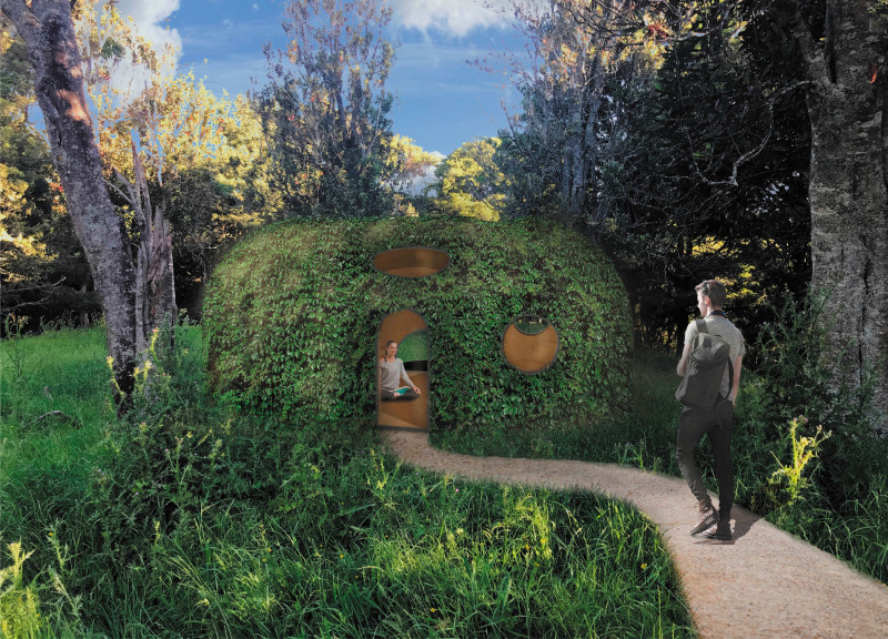 Polished Black Marble Altar Surrounded by Earth Bags in a Mind Cave Retreat