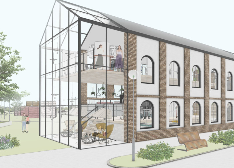 Glass-Encased Workspace Featuring Flexible Brick Partitions and Community Green Spaces
