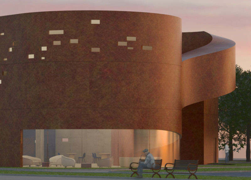 Perforated Façade with Red-Brown Panels Supporting Introspective Spaces for Palliative Care