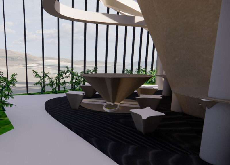 Terraced Restaurant with Glasshouse and Steel Framework in a Volcanic Landscape