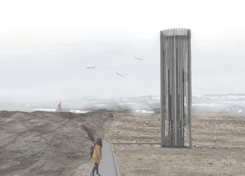 Tapered Gray Wood Tower Overlooking Geothermal Landscape