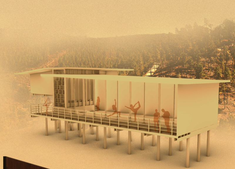 Cylindrical Posts and Plywood Create Functional Community Space