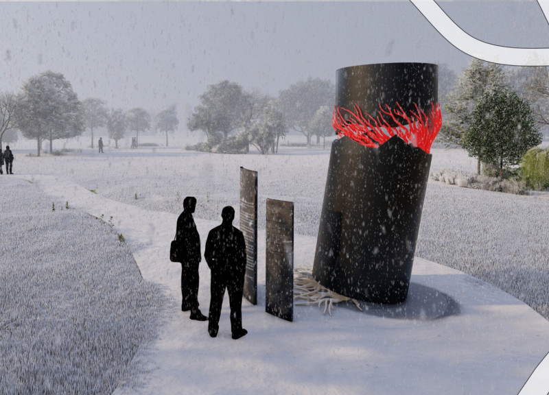 Illuminated Roots Within an Aluminum Cylinder Memorializing Resilience