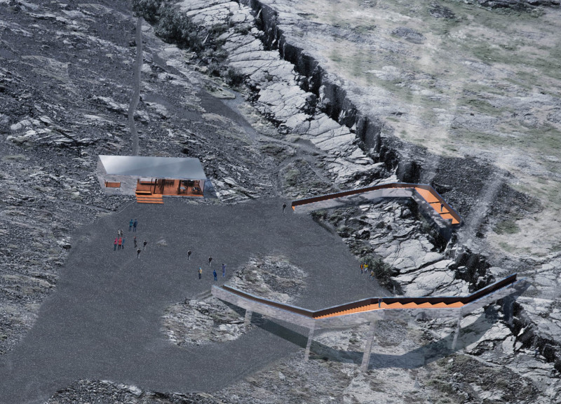 Polished Aluminum Pavilion Overlooking Unique Geological Features