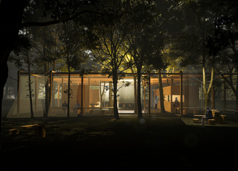 Dining Among Trees with Reclaimed Panels and Semi-Transparent Curtains