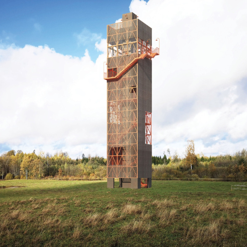 Timber Trellis Framing Panoramic Views in a Concrete Observation Tower