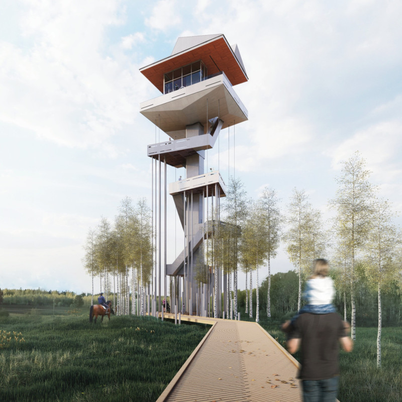 Galvanized Structure Embracing Forest Views with Elevated Wooden Pathways