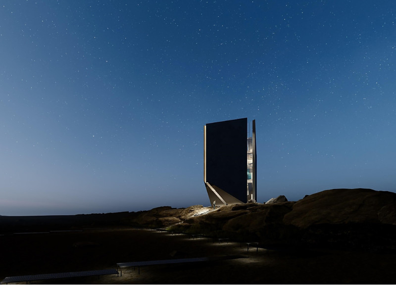 Cantilevered Viewing Platform with Sheet Metal and Polycarbonate Elements over Geological Fissure