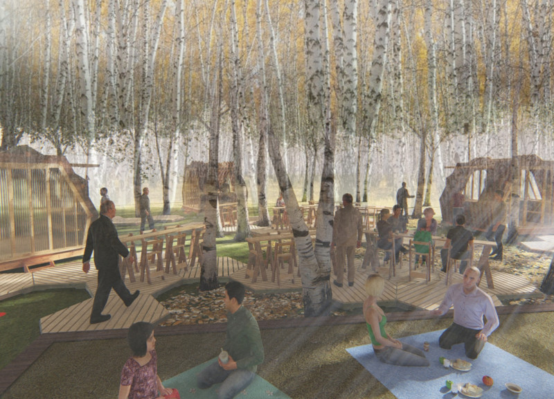 Hexagonal Food Stalls Beneath Birch Trees with Treated Timber Structure