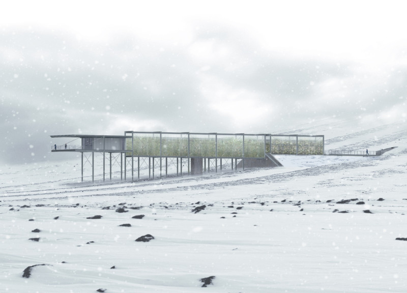 Greenhouse Integration Amidst Volcanic Landscape with Neutral Materials