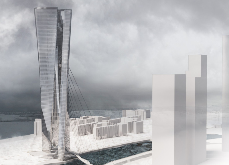 Chrome-Finished Tower with Rounded Form and Urban Connectivity