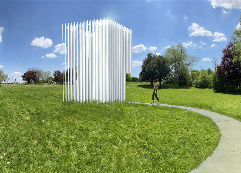 Faceted Steel Pavilion Emphasizing Memory Through White Concrete and Inscription