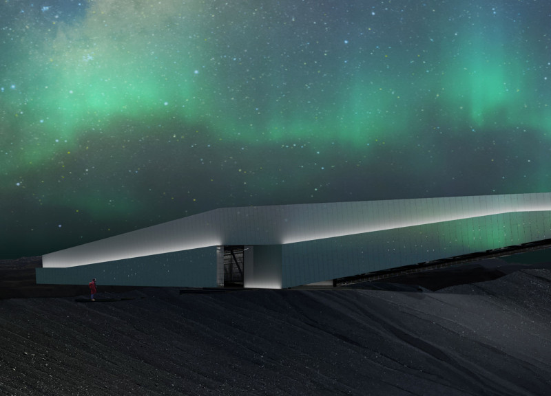 Reflective Steel Lookout Point Overlooking Volcanic Landscape