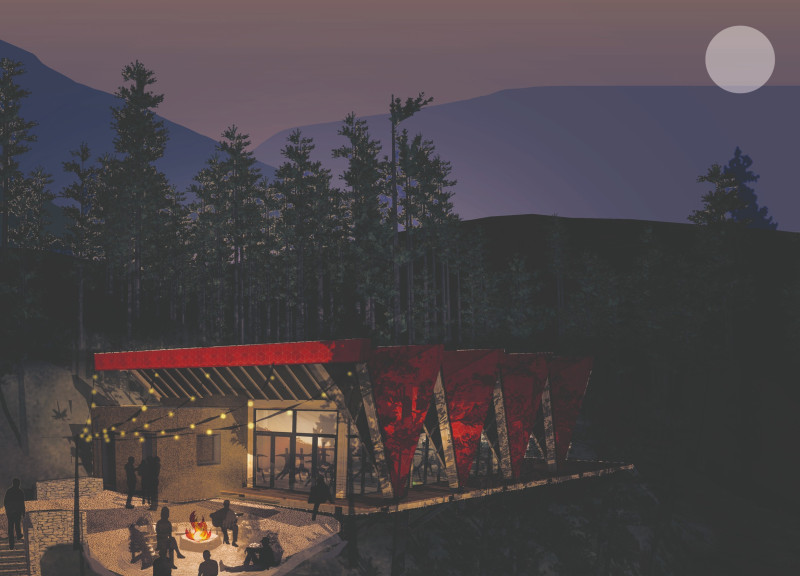 Vermilion Canopy over Expanded Cork and Glulam in a Forest Sanctuary