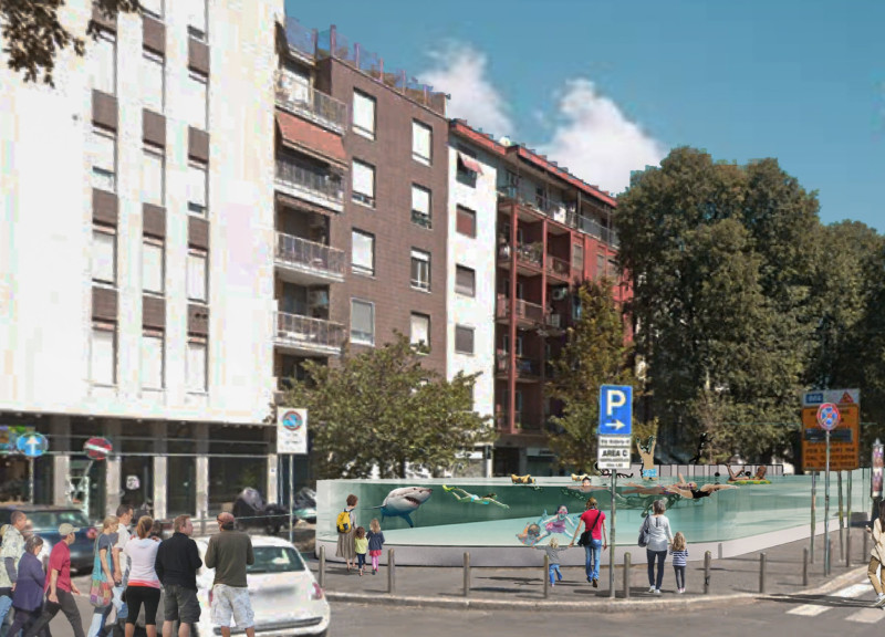 Clear Glass Pool Reflecting Urban Heritage in Milan