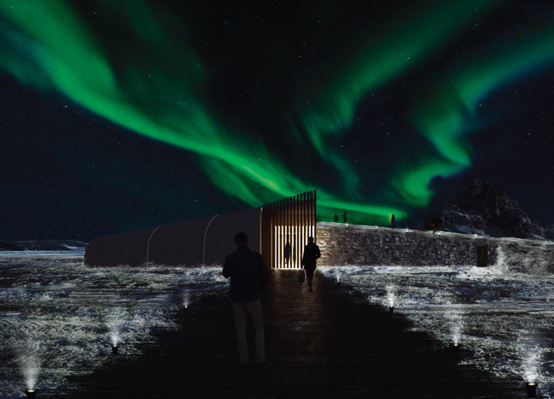 Kinetic Glass Chasm with Grass Roof in Northern Icelandic Landscape