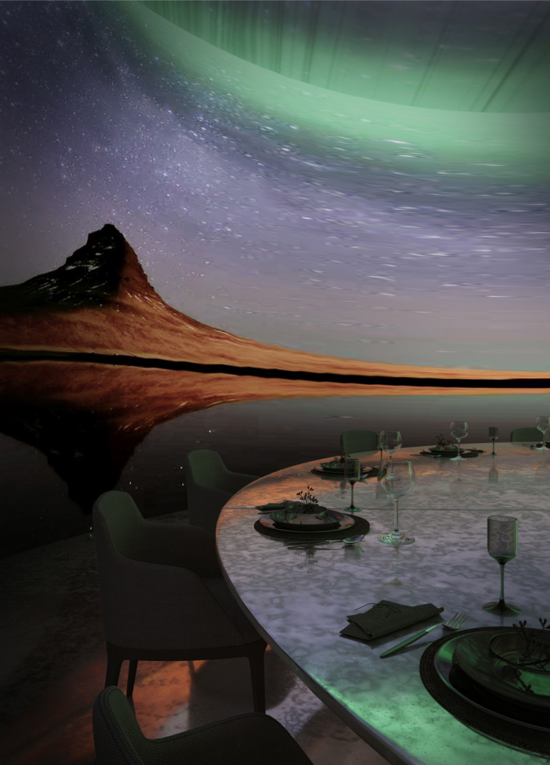 Floating Ceiling Inspired by Northern Lights Enhances Immersive Dining in Hydroponic Community Space