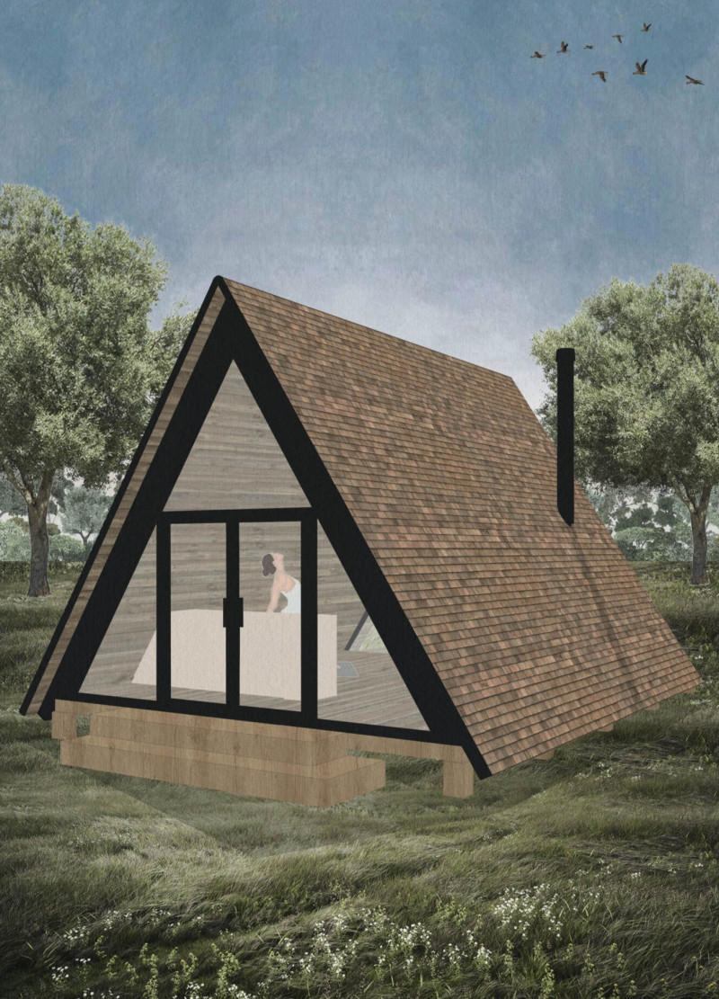 Triangular Windows and Elevated Timber Structure in a Meditation Space