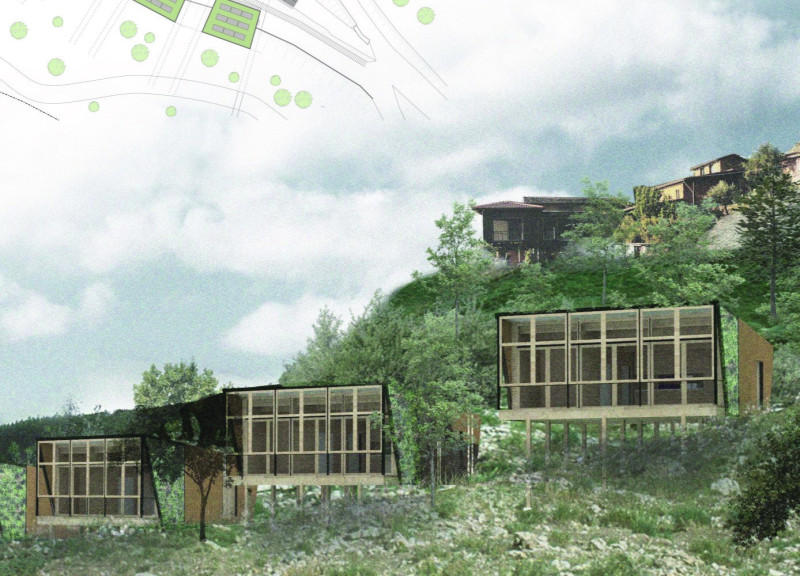 Living Roof Cabins Featuring Green Walls and Wooden Piles for Mindful Retreats