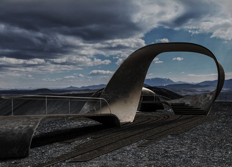 Rugged Steel Forms Emerge from Volcanic Landscape for Elevated Viewing Experience