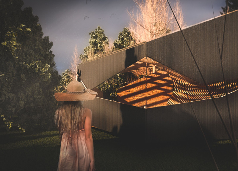 Tree-Inspired Cabin with Steel Cables and Concrete Flowerpots for Meditation