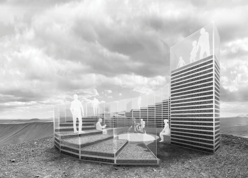 Stainless Steel Cages Supporting Volcanic Stone Lookout over Icelandic Landscape