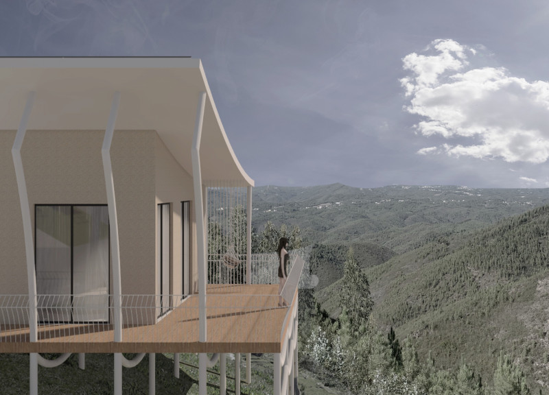 Curvilinear Wood Structures Nestled Among Green Terraces for Relaxation